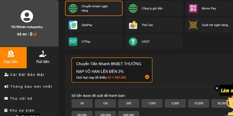 Bet thủ điền mọi thông tin nạp tiền đầy đủ theo yêu cầu của nhà cái 8kbet